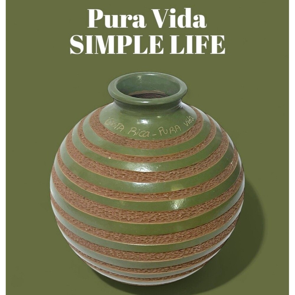 6.5” Vintage Costa Rica Pottery Vase – Earthy Green Striped Ceramic – Pura Vida
